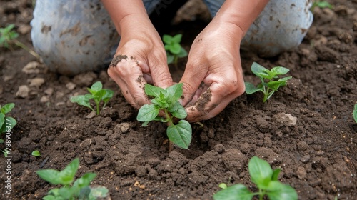 A pair of hands tenderly cradle a tiny seedling carefully planting it in the ground. Around the hands a lush garden blooms a testament to the nurturing care and dedication that has . photo