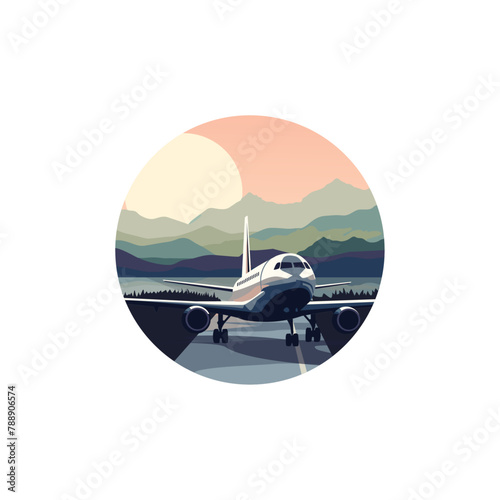 Airplane with hills landscape vector logo, jet clipart badge, isolated vector flat round illustration concept for airline, travel company or tourism destination