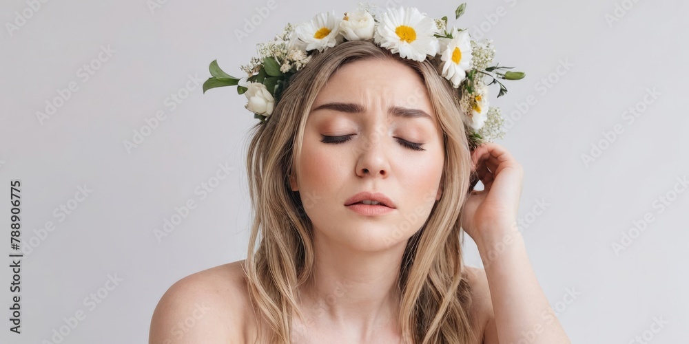 A serene blondie woman with closed eyes wears a floral wreath featuring white flowers and daisies, evoking a peaceful and dreamy atmosphere.