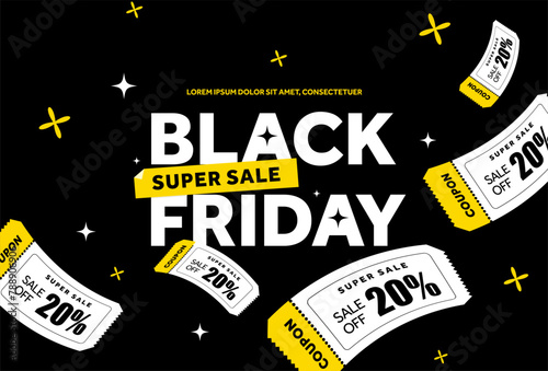 Black Friday super sale banner template with flying coupons or vouchers, isolated on dark background. Coupons or vouchers giveaway event background. Coupon codes. Vector illustration. Vector