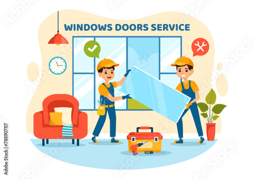 Windows and Doors Installation Service Vector Illustration with Worker for Home Repair and Renovation use Tools in Flat Kids Cartoon Background Design
