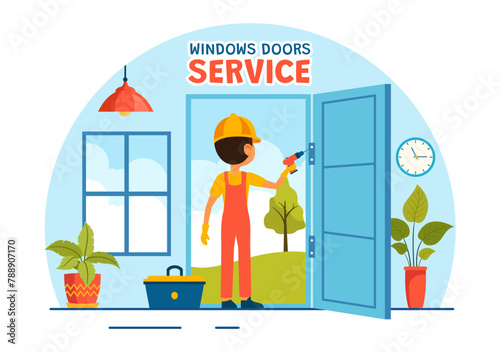 Windows and Doors Installation Service Vector Illustration with Worker for Home Repair and Renovation use Tools in Flat Kids Cartoon Background Design