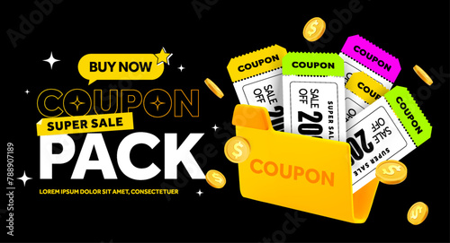 Coupon pack giveaway banner template with coupons in a pack, coins flying around, isolated on dark background. Special price off event with coupons and vouchers. Vector illustration. Vector