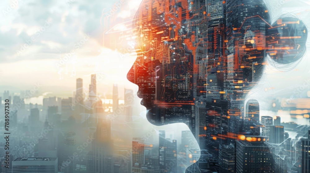 Obraz premium Against a defocused backdrop of city streets and highrise buildings the fusion of man and machine takes on a futuristic and highly advanced form. The human element is ly discernible .