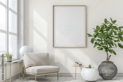 Scandinavian style living room with poster mockup created with generative ai