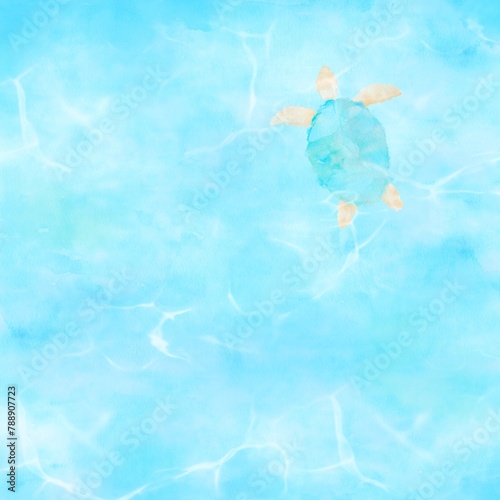 ウミガメが海を泳ぐ様子を上から眺めているイラスト。リゾート感あふれる背景素材。