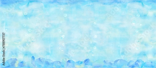 海底から気泡が立ちのぼる水彩イラスト。青色の背景の涼しげな背景素材。