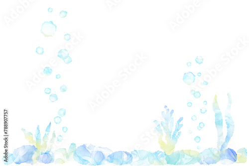 海底から泡が立ちのぼるおしゃれなフレーム。水彩画のグラデーションが美しいイラスト。