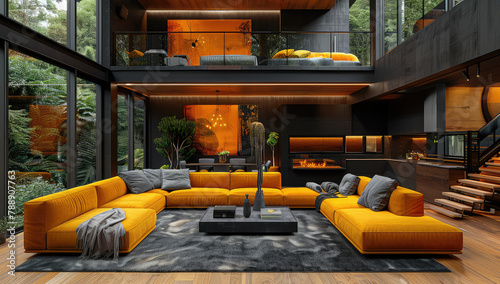 A large living room with an industrial style, adorned in vibrant yellow and orange hues. Created with Ai