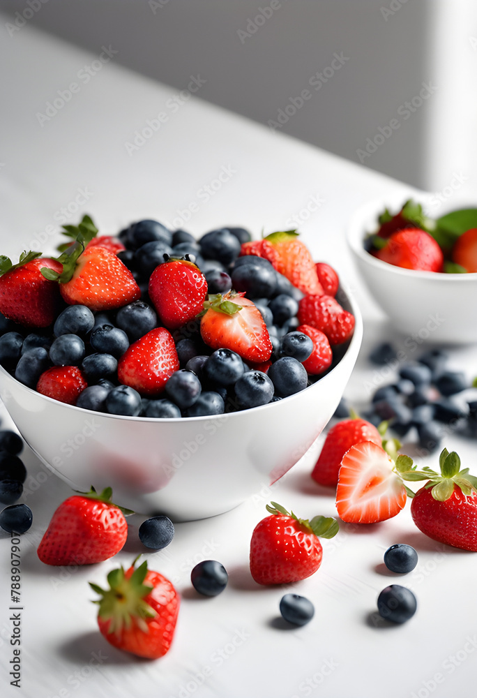 Strawberries and blueberries in white bowl Strawberries and blueberries in white bowl