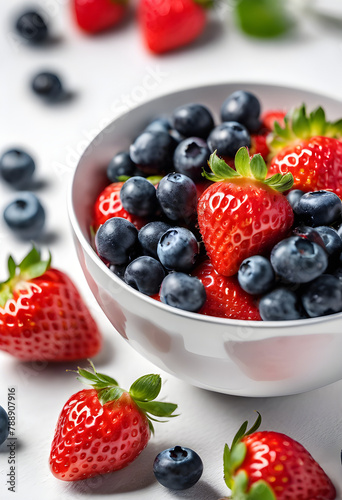 Strawberries and blueberries in white bowl