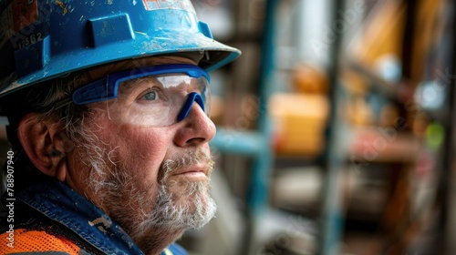 Portrait profile of a construction worker in his forties sporting a blue hard hat and safety glasses captured during a typical workday photo