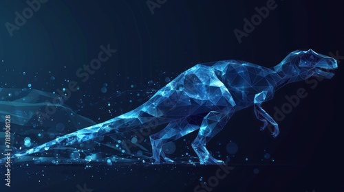 Beautiful low poly illustration with shiny running dinosaur silhouette on the dark background AI generated