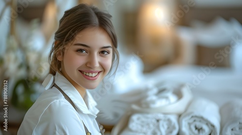 Hotel maid household staff making bed in suit room at luxurious hotel. Pretty smiling woman chambermaid cleaning hotel room, change bedroom sheets. Happy cleaner housekeeper working at hotel. photo