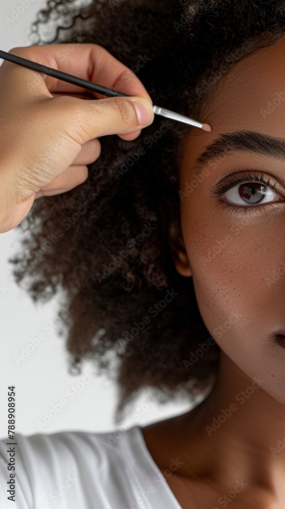 Obraz premium Elegant Morning Makeup Session: Skilled Artist Applying Clean Makeup on Young Model in Minimalist Studio
