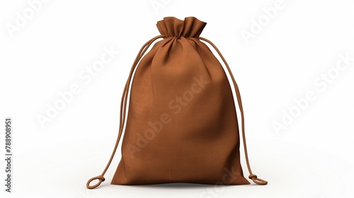 Realistic brown color drawstring bag isolated on white background. photo