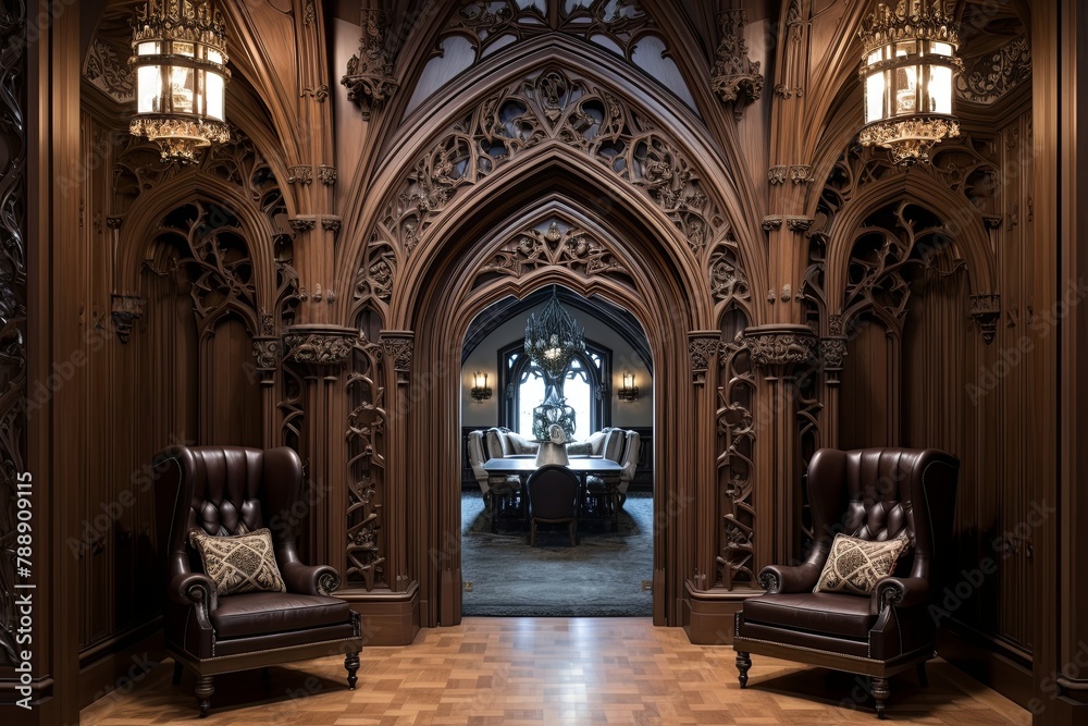 Gothic Cathedral Inspired Home Office Ideas: Narthex-Inspired Entryway and Regal Coat of Arms Design