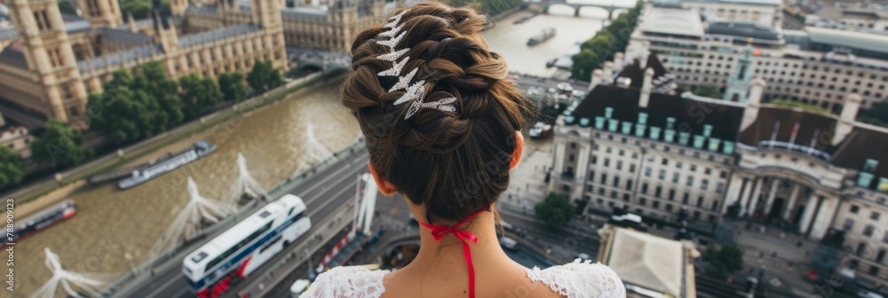 Elegant Woman with French Crop Hairstyle and Bridal Clips Overlooking the London Eye - obrazy, fototapety, plakaty 