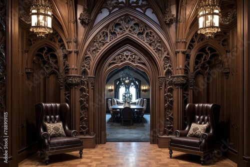Gothic Cathedral Inspired Home Office Ideas: Narthex-Inspired Entryway and Regal Coat of Arms Design