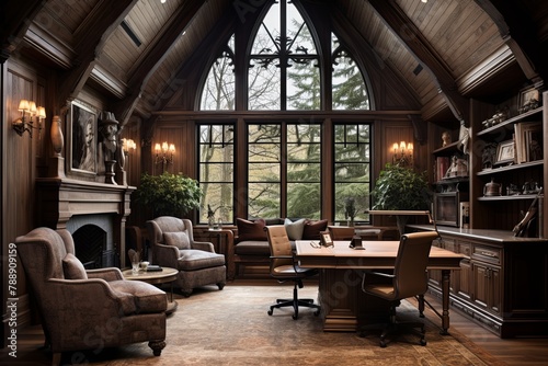 Oak Paneling & High Back Chairs: Gothic Cathedral Inspired Home Office Ideas © Michael
