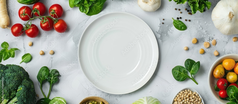 Fresh raw greens, vegetables, and grains are arranged on a light grey marble kitchen countertop, with a white plate placed in the center. This top view image conveys the ideas of healthy, clean eating Fresh raw greens, vegetables, and grains are arranged on a light grey marble kitchen countertop, with a white plate placed in the center. This top view image conveys the ideas of healthy, clean eating
