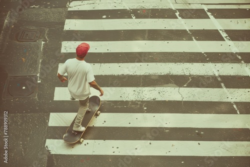 Energetic Male Skater in Vintage-Style Crossing - Sober Socializing Daylife