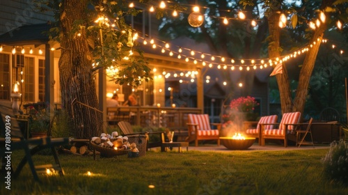 A backyard decorated with string lights and American flags, with friends gathered around a fire pit roasting marshmallows for s'mores on the Fourth of July.  © Borin