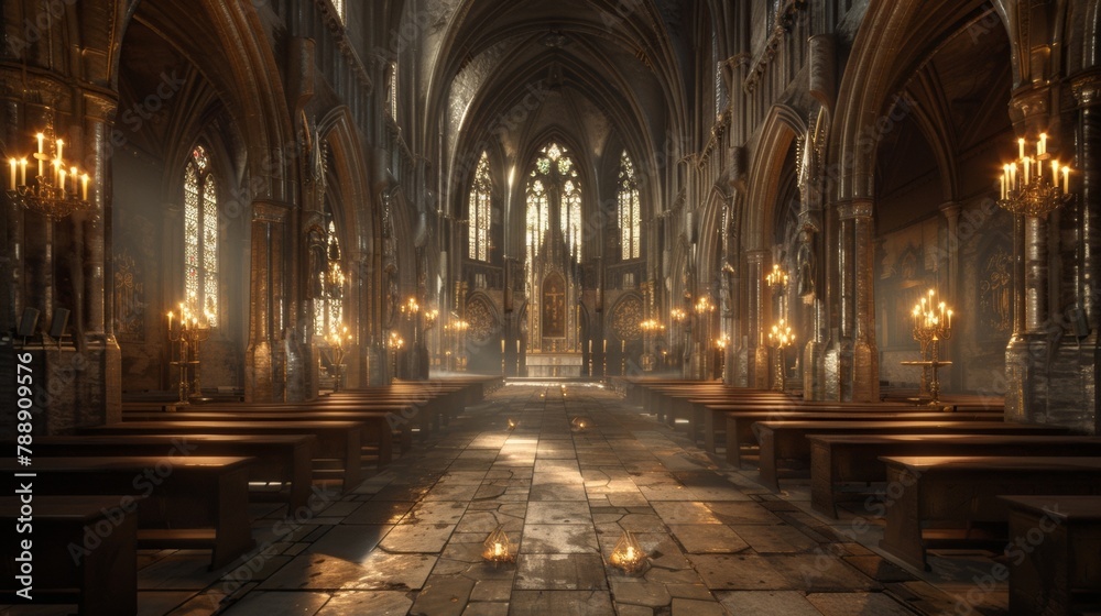 A hushed and peaceful abbey sanctuary filled with worn and weathered wooden pews that lead to a grand altar. The ethereal light of flickering candles dances across the towering vaulted .