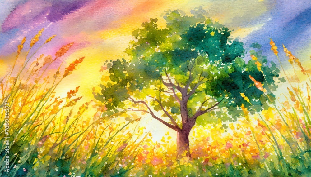 Watercolor style background illustration with the image of beautiful life force.