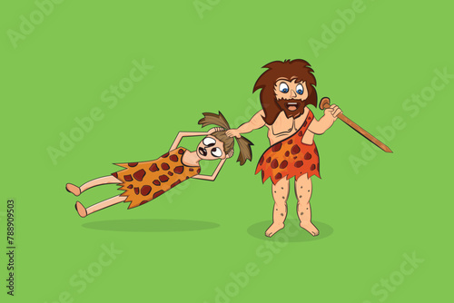 cartoon of a man and a woman in cave clothing holding a stick, Cavedwelling couple ready for adventure. Illustration can be used for history books, educational materials, or storytelling visuals.