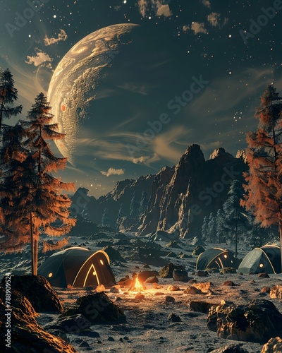 A futuristic campsite on a distant moon of Jupiter, where the campfires warmth battles the cold unknown of the gas giants orbit