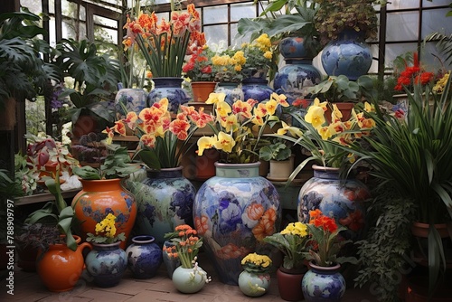 Impressionist Painter's Garden Decors: Hand-Painted Pots and Clustered Arrangements Explosion. photo