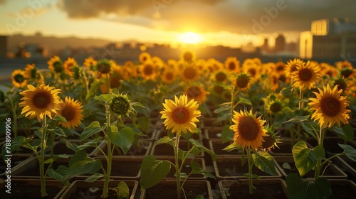 Dusk on the Urban Rooftop  Vibrant Sunflowers and Sustainability Above the City