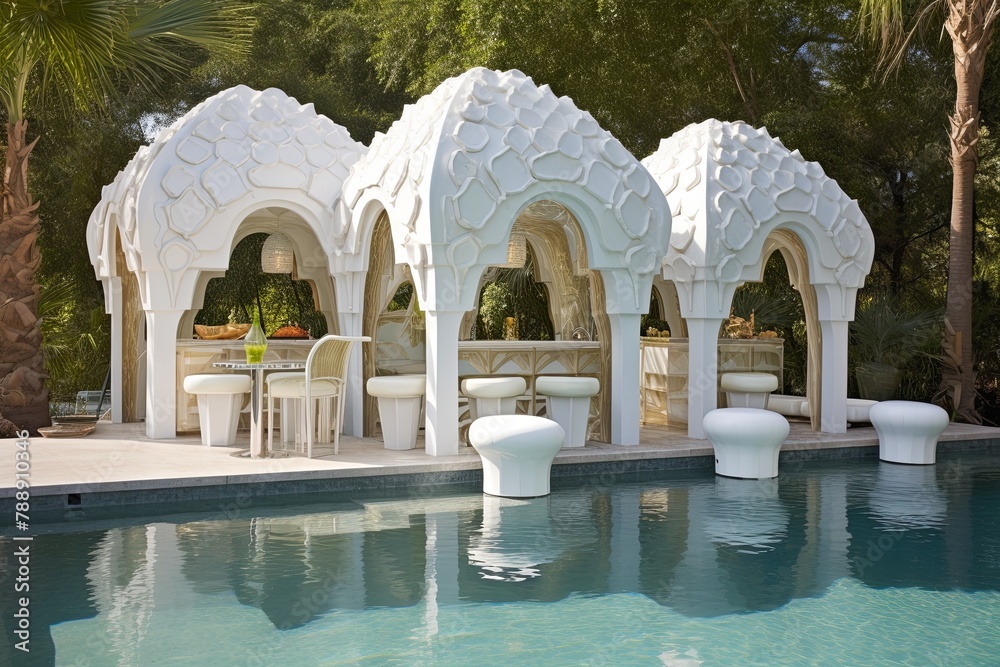 Atlantis Pool Designs: Pearl White Cabanas & Aquatic Bar Stools Oasis