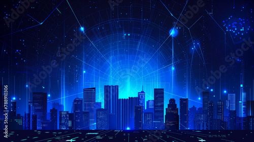 A cityscape with tall buildings and a blue sky. The city is lit up with neon lights  giving it a futuristic and vibrant feel