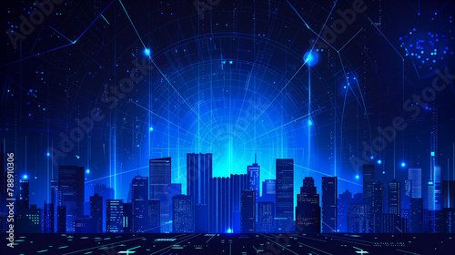 A cityscape with tall buildings and a blue sky. The city is lit up with neon lights, giving it a futuristic and vibrant feel