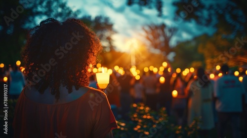 Twilight Peace Vigil in City Park: Diverse Ethnic Groups Unite with Candles and Signs photo