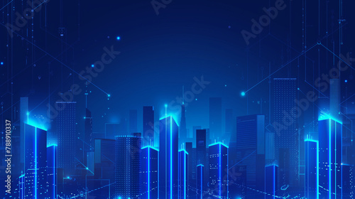 A cityscape with tall buildings and a blue sky. The city is lit up with neon lights, giving it a futuristic and vibrant feel
