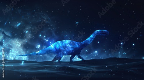 Beautiful starry low poly illustration with shiny blue dinosaur silhouette on the dark background AI generated © ANIS