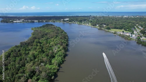 Wallpaper Mural Speedboat Cruising At Tweed River Along The Chinderah In NSW, Australia. - aerial shot Torontodigital.ca