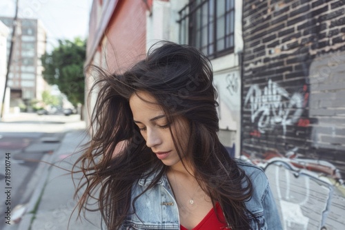 Trendy Hispanic Woman in Her 20s Showcasing Wolf Cut Hairstyle on Sunny Urban Street
