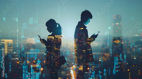 Exposure of man and woman holding smartphones double with new technology and innovation city Internet connection towers, a world of communication without borders © Jolanta