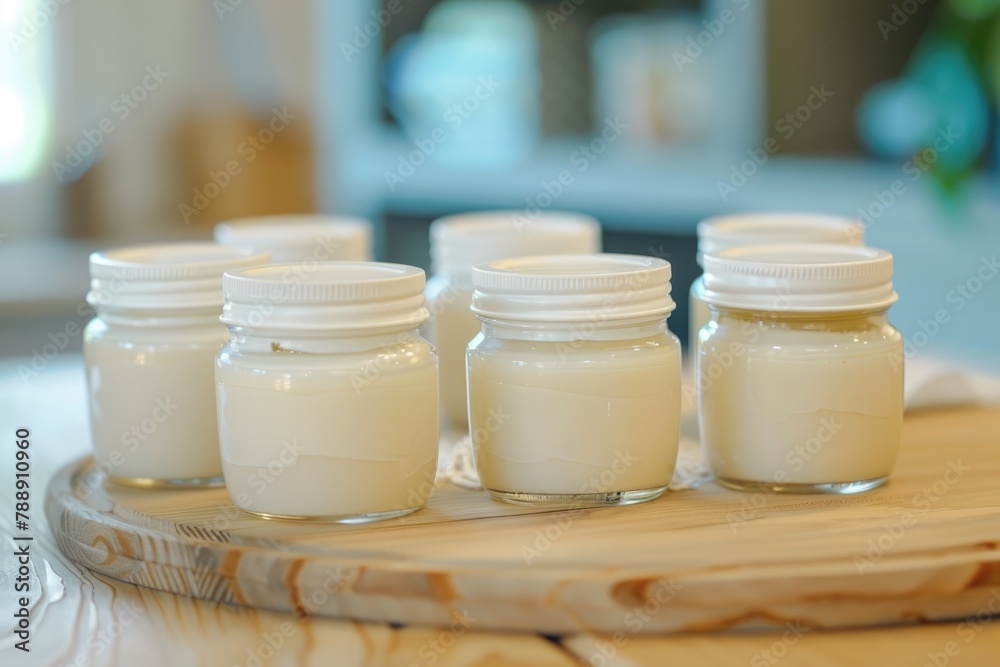 A neat arrangement of glass jars filled with cream on a tray A neat arrangement of glass jars filled with cream on a tray
