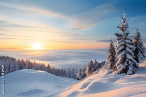Winter snow landscape. Christmas background. Fir tree forest on ski mountain. Nature dawn sunrise light, sun in sunset sky Pine wood scenery beauty Cold blue color ice. Generative AI