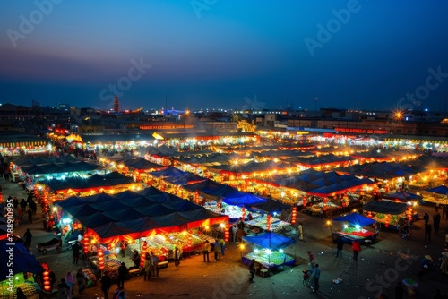 A panoramic view of the bustling night market, with rows of twinkling lights stretching into the distance, creating a dazzling spectacle against the darkened sky, Generative AI