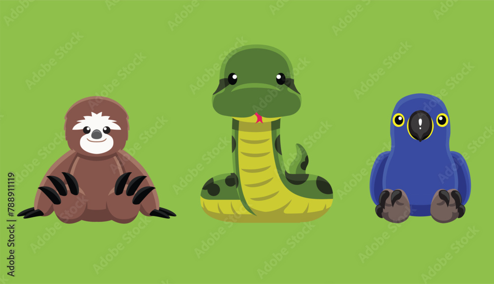 Fototapeta premium Doll Amazon Sloth Anaconda Hyacinth Macaw Animal Cute Cartoon Vector Illustration