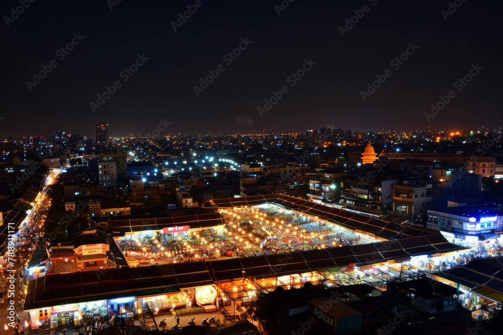 A panoramic view of the bustling night market, with rows of twinkling lights stretching into the distance, creating a dazzling spectacle against the darkened sky, Generative AI