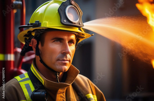 Portrait of fireman wearing helmet and fire protection suite for safety on the fire background © Oksana
