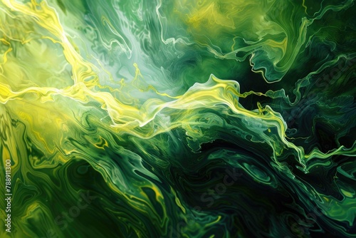 An abstract representation of psychic waves as fluid, electric currents flowing through an ethereal landscape, in shades of green and yellow.