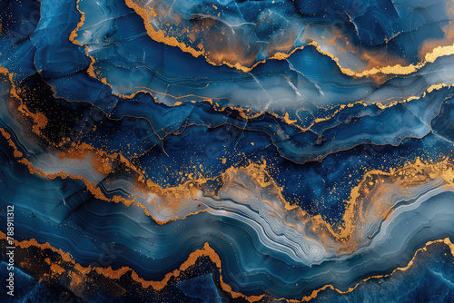 Abstract blue and gold clouds, marble texture, fluid lines, dark background. Created with Ai